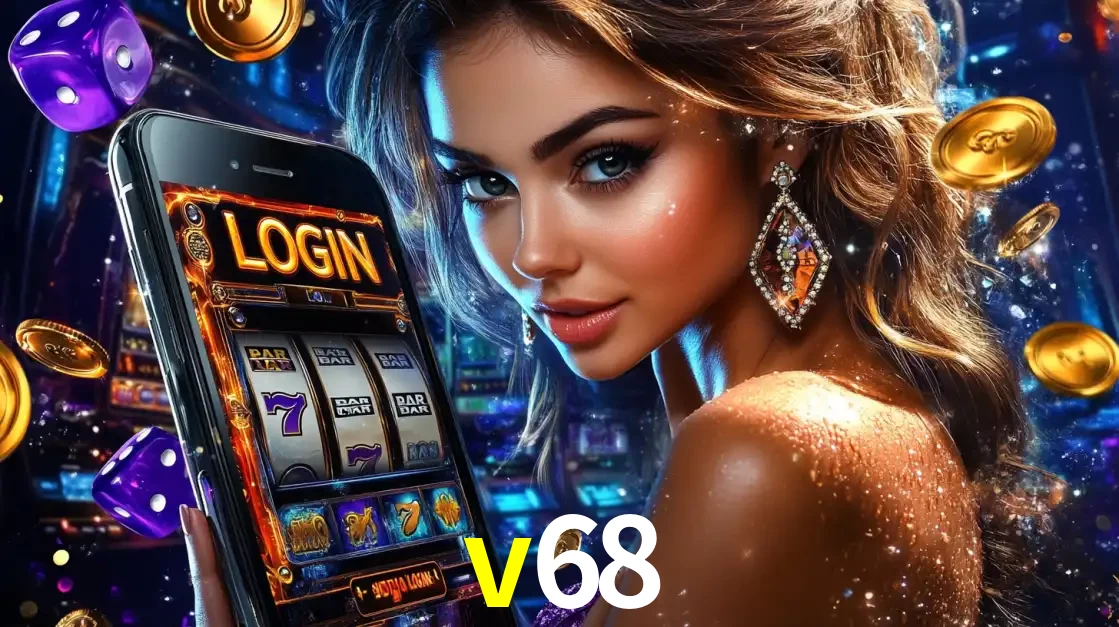 Mulher glamorosa segurando um smartphone com a tela de login para os jogos de caça-níqueis do cassino online v68, com moedas de ouro e dados ao redor.